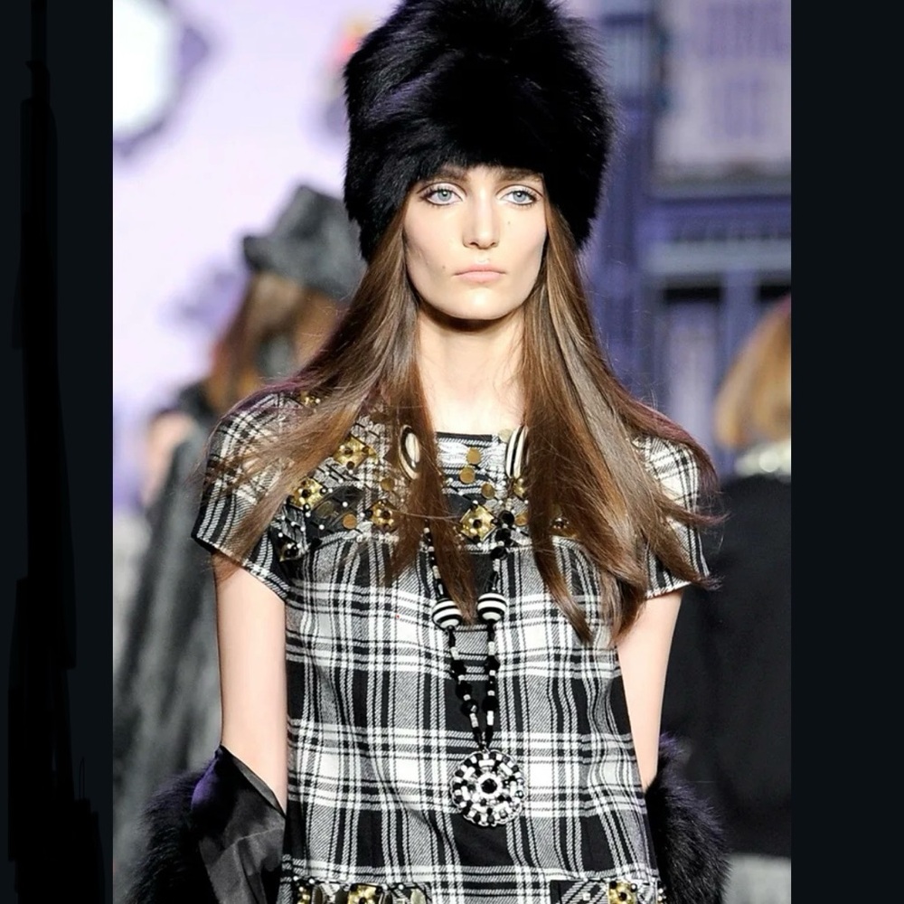 Anna Sui 2011 FW Embellished Plaid Wool Long Sleeve Dress
